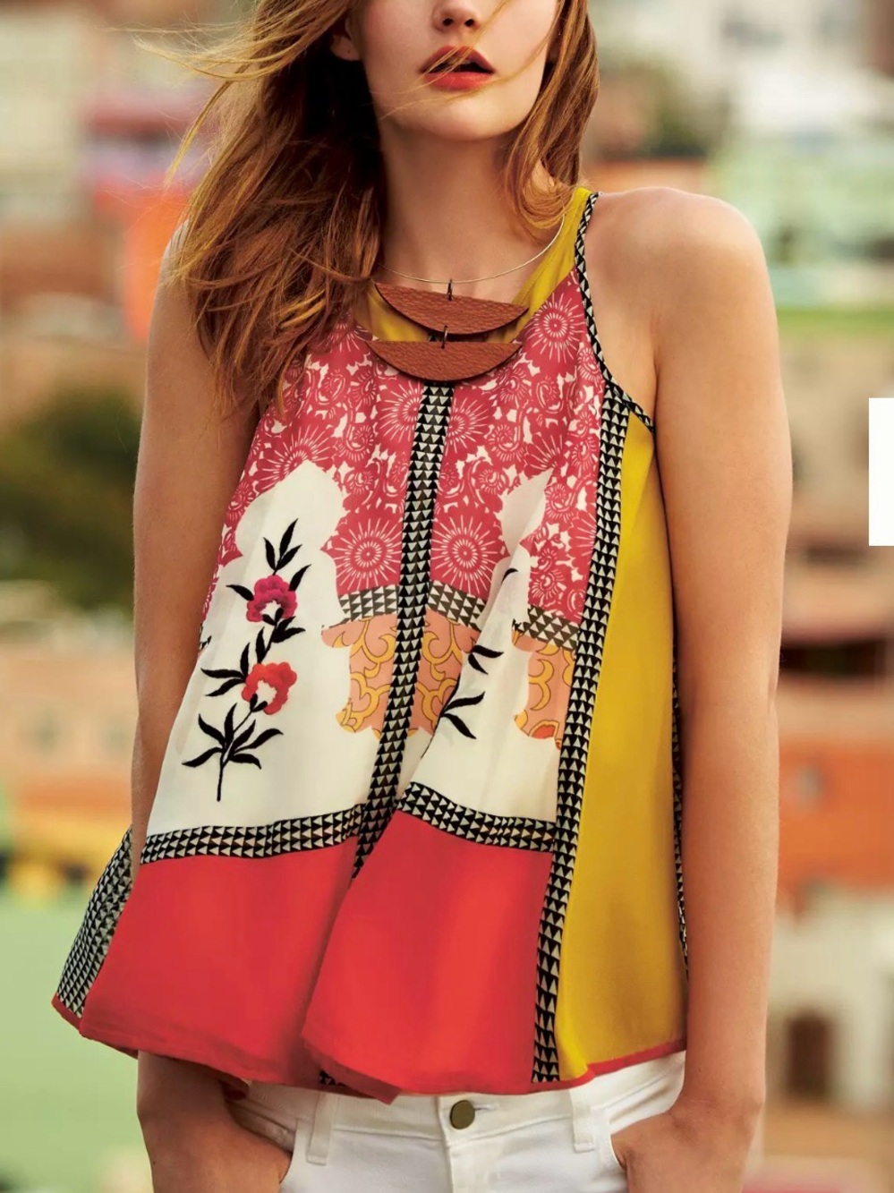 Anthropologie Boho Patchwork Floral Tank Top in Mustard, Red & Cream